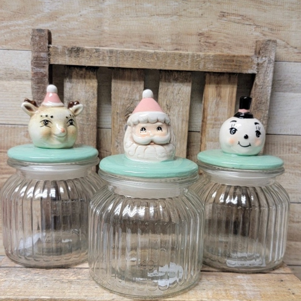 NEW Johanna Parker Christmas Pastel Glass Jar Set ~ Santa, Snowman & Reindeer